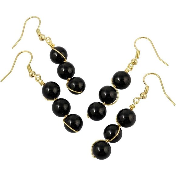 Black Wire Wrapped Triple Ball Beaded Dangle DropTrendy Hook Earrings for Ladies - Picture 3 of 4